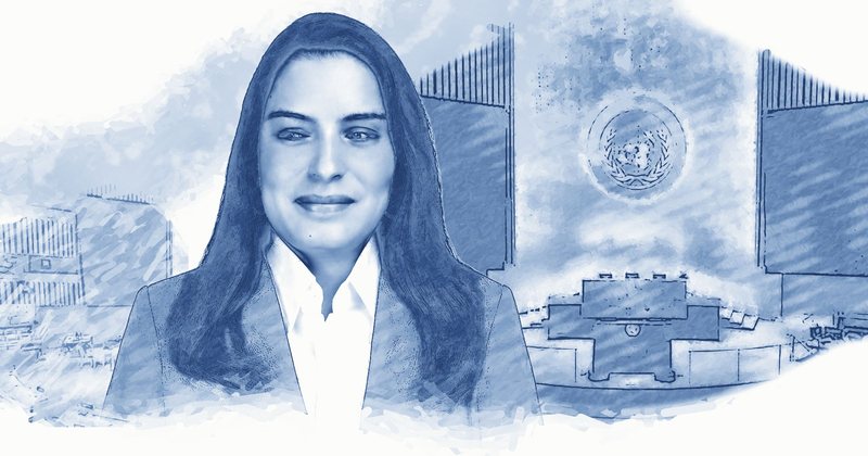 Illustrated portrait of Priscilla Garces in blue ink tones, with the General Assembly hall behind her.